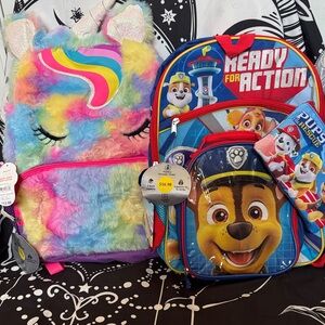 Unicorn Plush Rainbow Faux Fur Backpack - Multicolor & Paw Patrol w pencil pouch
